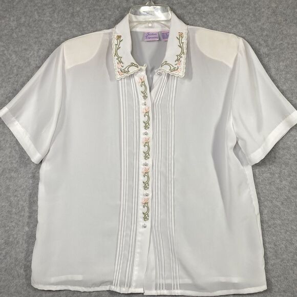 Southern Expressions Blouse Womens Size L White Top Button Front Short Sleeves - Picture 1 of 13